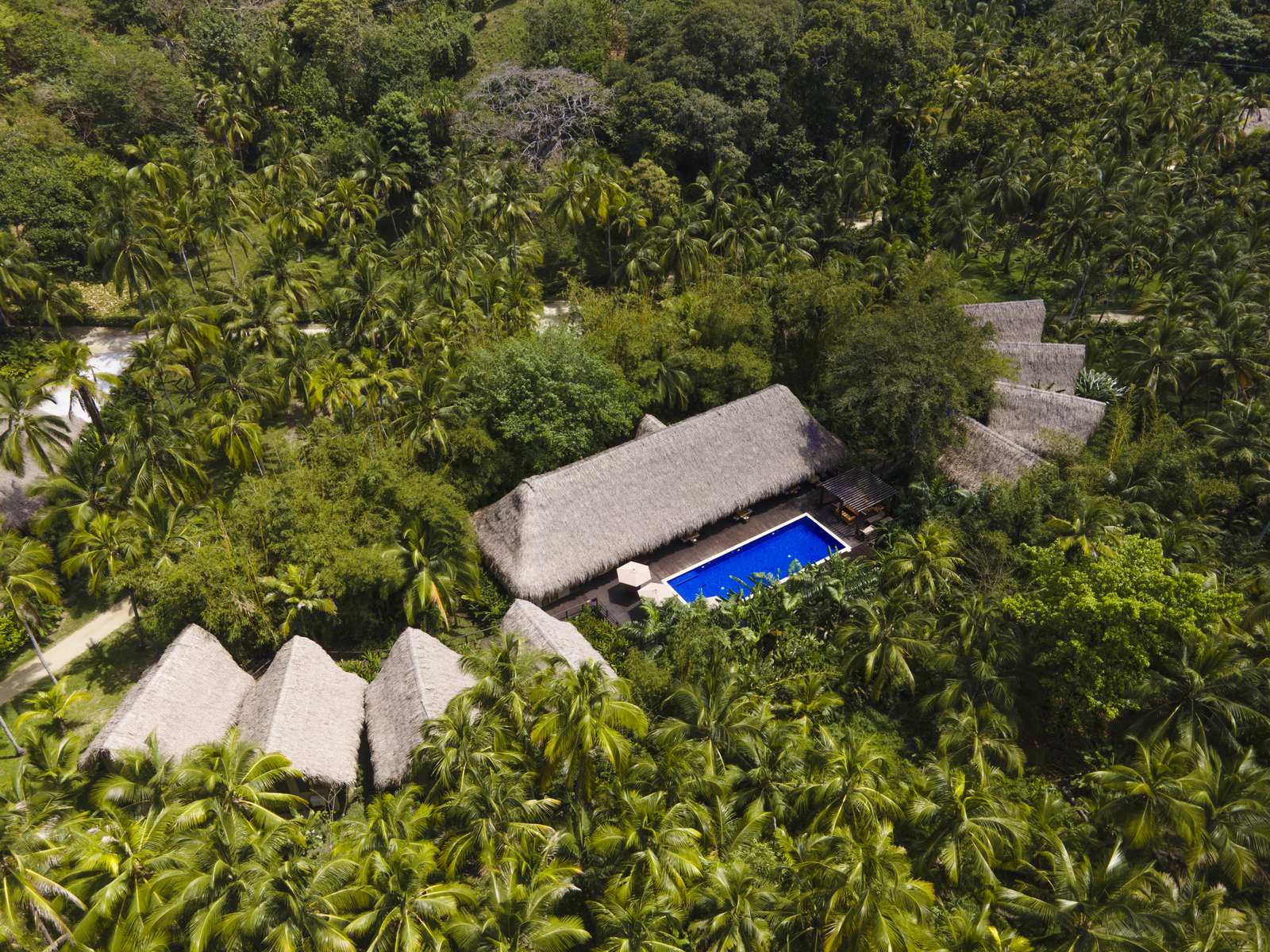 Aerial view of the grounds and pool