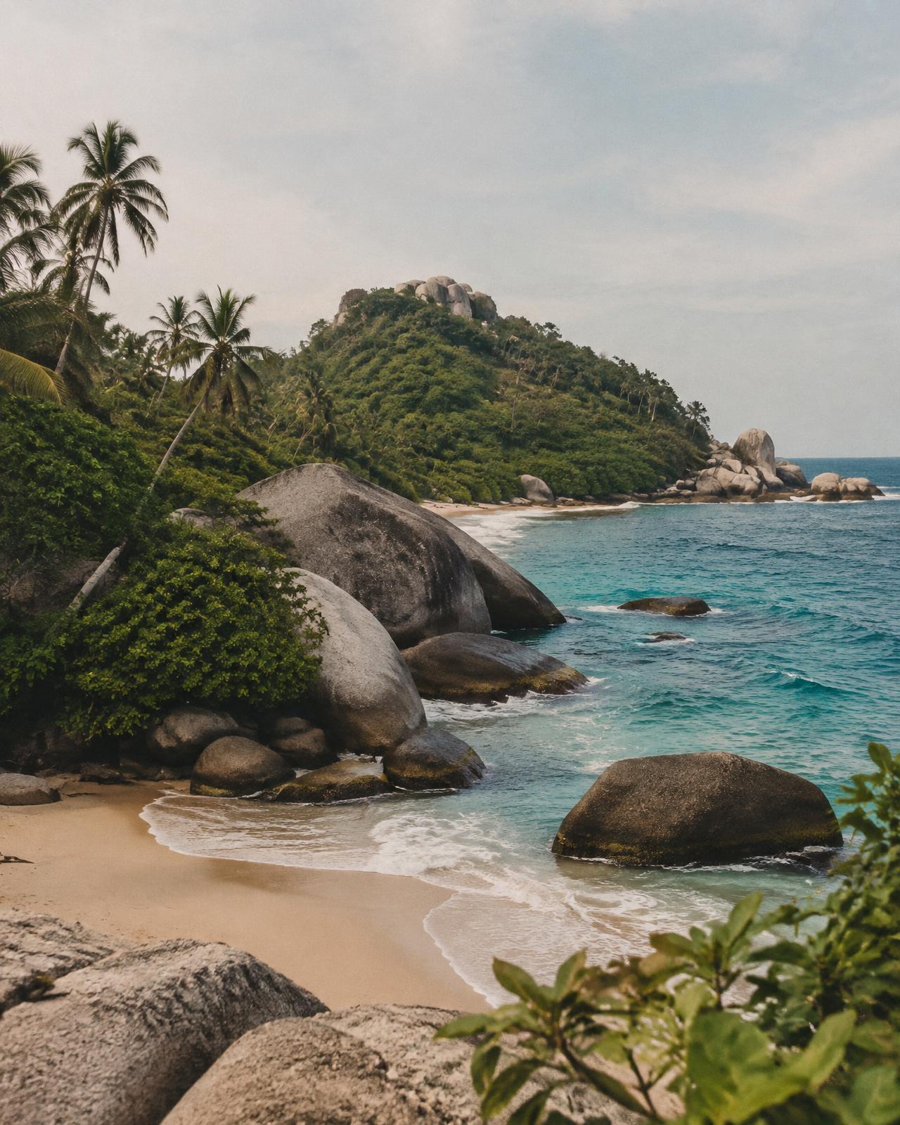 Jungle-covered mountains meeting the sea in Tayrona
